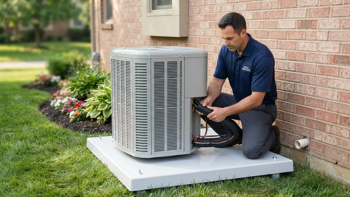Newly installed central air conditioning condenser unit on hurricane pad with insulated copper lineset in Beaumont, Texas