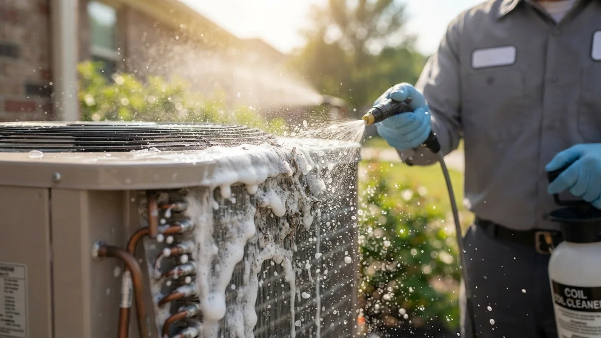 HVAC technician applying foaming chemical coil cleaner to outdoor air conditioner fins in Beaumont, Texas