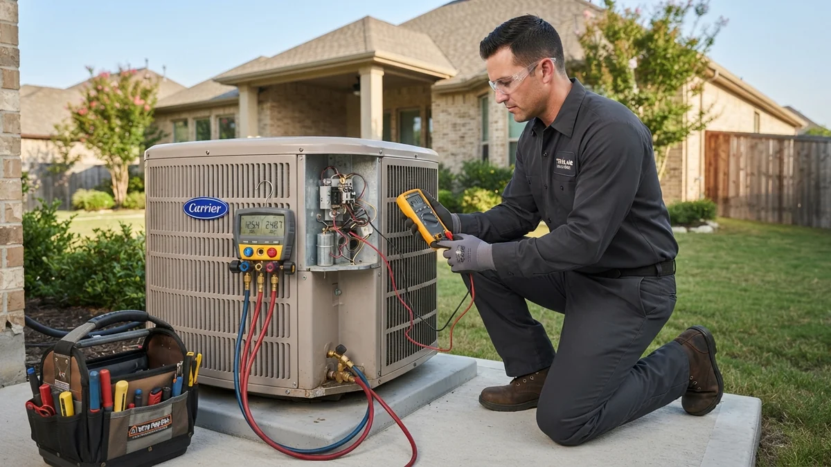 Professional HVAC technician diagnosing AC capacitor and contactor with digital multimeter in Beaumont, Texas