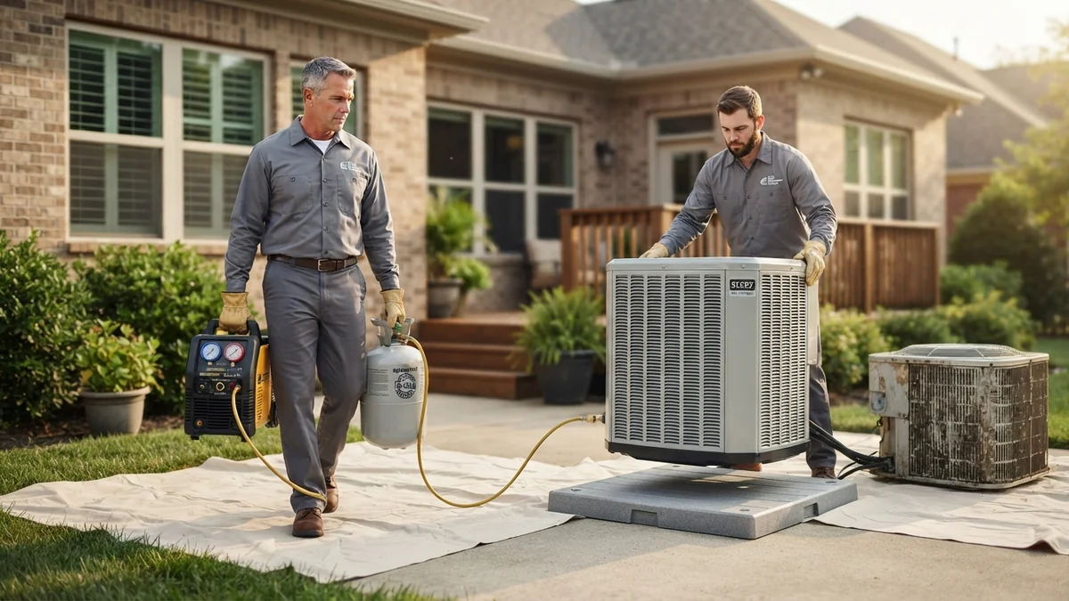 Two professional HVAC technicians performing turnkey air conditioning system replacement in Beaumont, Texas