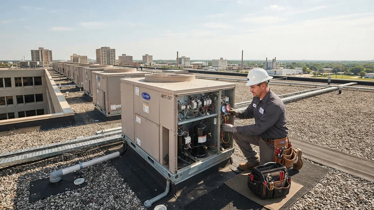 Commercial HVAC technician inspecting rooftop package unit compressor on commercial building in Beaumont, Texas