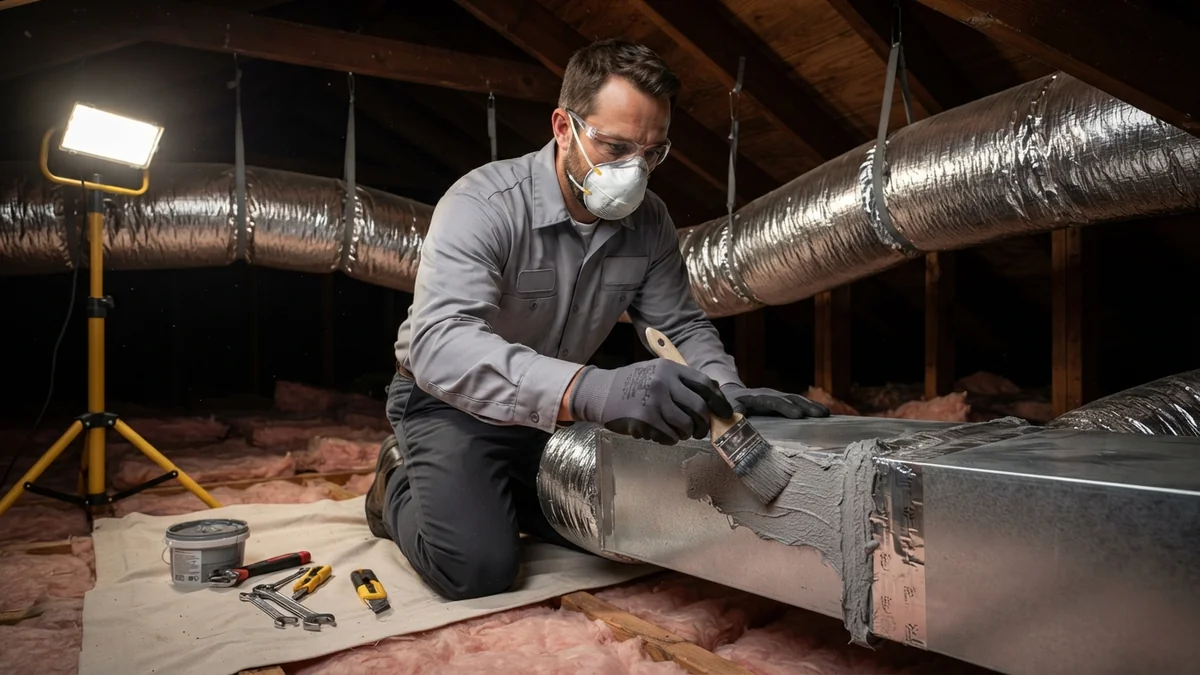 Technician applying mastic sealant to attic flexible ductwork distribution plenum in Beaumont, Texas