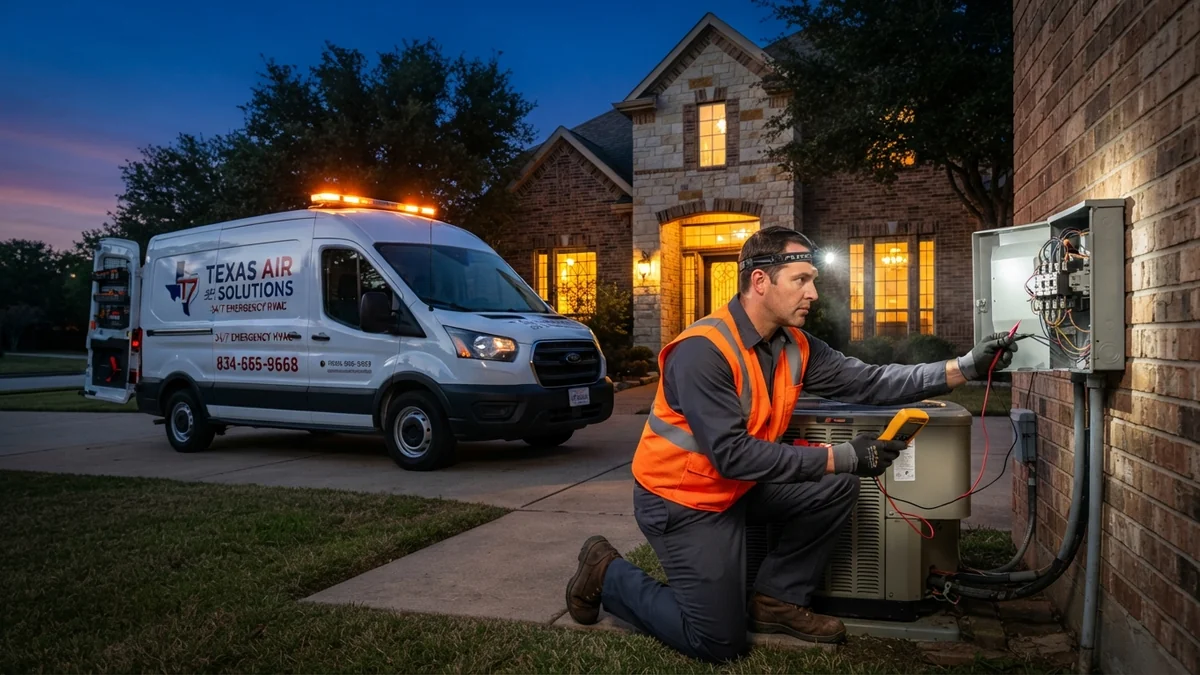 Emergency HVAC service technician inspecting air conditioner electrical disconnect switch at twilight in Beaumont, Texas