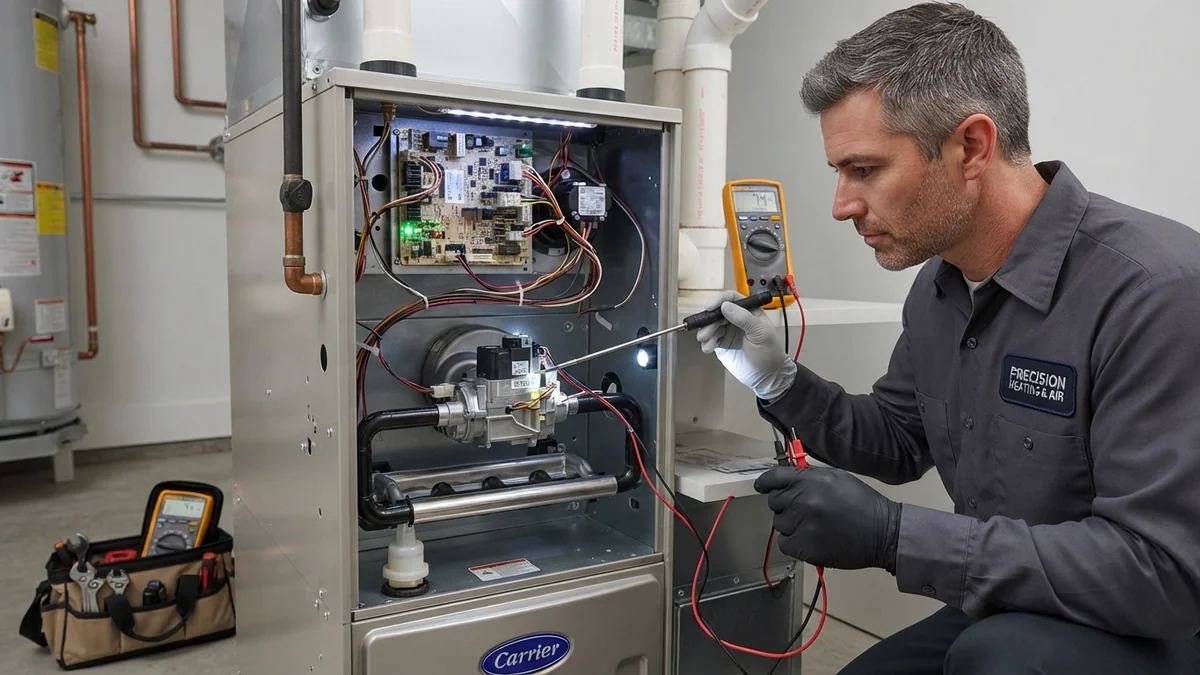 HVAC technician inspecting gas furnace ignition control board and burners in Beaumont, Texas