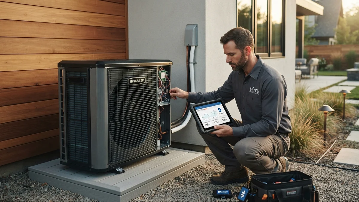 Modern variable-speed inverter heat pump condensing unit operating outside a residential home in Beaumont, Texas