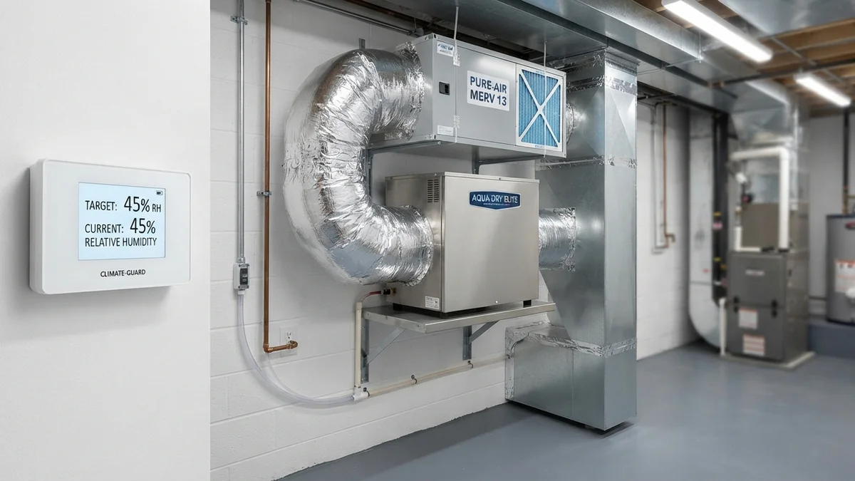 Whole-home dehumidifier and high-efficiency MERV 13 media air cleaner installed in residential mechanical room in Beaumont, Texas